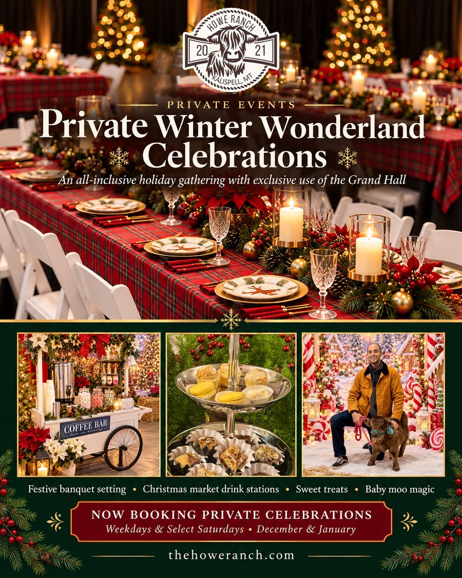 Private Winter Wonderland Celebrations at Howe Ranch: an all-inclusive holiday gathering with exclusive use of the Grand Hall. Now booking weekdays and select Saturdays, December and January.